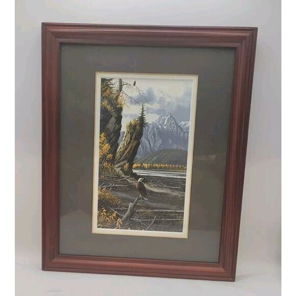 Unbranded Other - Eagle Perched Mountains Lake Painting Framed 8x10 Outdoors Relaxing EagleLife